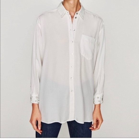 Zara Lyocell Pearl Cuff Button-Down Shirt - Classic Elegance - Picture 2 of 10